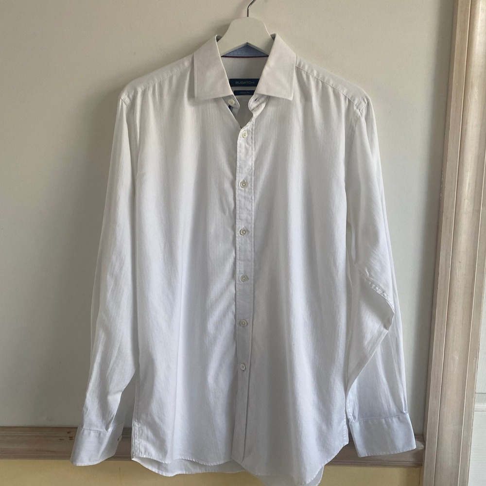 BUGATCHI‎ Mens Classic Fit White Herringbone Dress Shirt Long Sleeve Size 15/33
